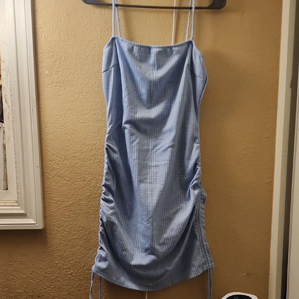 Windsor Light Blue Plaid Ruched Mini Dress